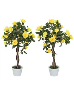 Outsunny Set of 2 Artificial Plants White Rose Floral in Pot, Fake Plants for Home Indoor Outdoor Decor, 90cm, Yellow