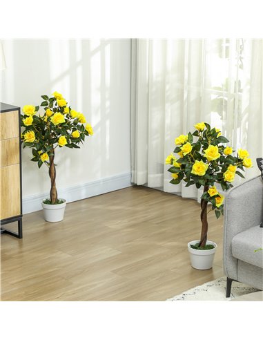 Outsunny Set of 2 Artificial Plants White Rose Floral in Pot, Fake Plants for Home Indoor Outdoor Decor, 90cm, Yellow