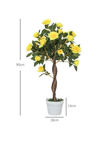 Outsunny Set of 2 Artificial Plants White Rose Floral in Pot, Fake Plants for Home Indoor Outdoor Decor, 90cm, Yellow