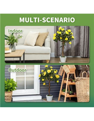 Outsunny Set of 2 Artificial Plants White Rose Floral in Pot, Fake Plants for Home Indoor Outdoor Decor, 90cm, Yellow