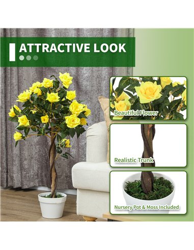 Outsunny Set of 2 Artificial Plants White Rose Floral in Pot, Fake Plants for Home Indoor Outdoor Decor, 90cm, Yellow