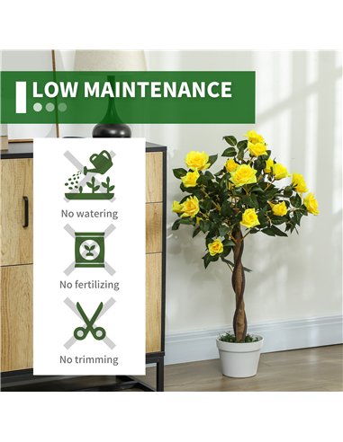 Outsunny Set of 2 Artificial Plants White Rose Floral in Pot, Fake Plants for Home Indoor Outdoor Decor, 90cm, Yellow