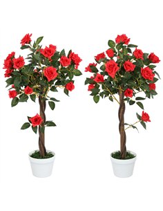 Outsunny Set of 2 Artificial Plants White Rose Floral in Pot, Fake Plants for Home Indoor Outdoor Decor, 90cm, Red