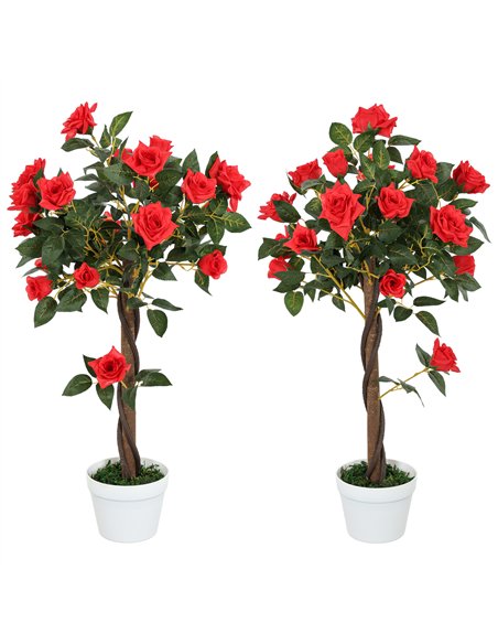 Outsunny Set of 2 Artificial Plants White Rose Floral in Pot, Fake Plants for Home Indoor Outdoor Decor, 90cm, Red - pic 125769 | FastDaddyshop