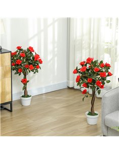 Outsunny Set of 2 Artificial Plants White Rose Floral in Pot, Fake Plants for Home Indoor Outdoor Decor, 90cm, Red 2