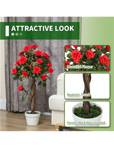 Outsunny Set of 2 Artificial Plants White Rose Floral in Pot, Fake Plants for Home Indoor Outdoor Decor, 90cm, Red
