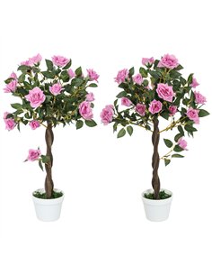 Outsunny Set of 2 Artificial Plants White Rose Floral in Pot, Fake Plants for Home Indoor Outdoor Decor, 90cm, Purple
