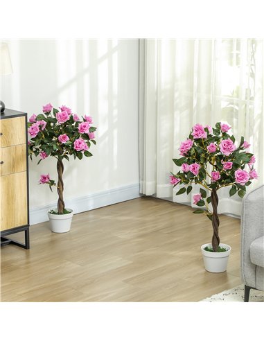 Outsunny Set of 2 Artificial Plants White Rose Floral in Pot, Fake Plants for Home Indoor Outdoor Decor, 90cm, Purple