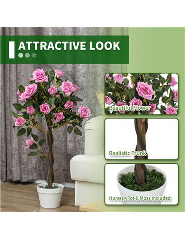 Outsunny Set of 2 Artificial Plants White Rose Floral in Pot, Fake Plants for Home Indoor Outdoor Decor, 90cm, Purple