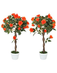Outsunny Set of 2 Artificial Plants White Rose Floral in Pot, Fake Plants for Home Indoor Outdoor Decor, 90cm, Orange