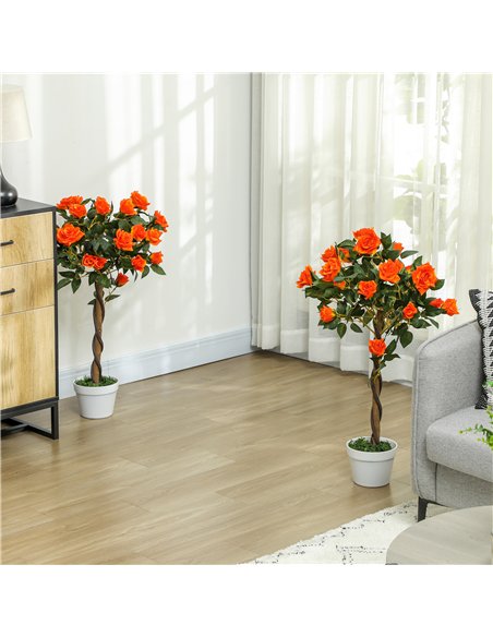Outsunny Set of 2 Artificial Plants White Rose Floral in Pot, Fake Plants for Home Indoor Outdoor Decor, 90cm, Orange - pic 125788 | FastDaddyshop