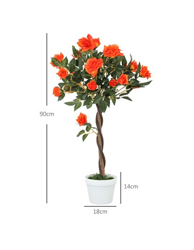 Outsunny Set of 2 Artificial Plants White Rose Floral in Pot, Fake Plants for Home Indoor Outdoor Decor, 90cm, Orange