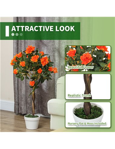 Outsunny Set of 2 Artificial Plants White Rose Floral in Pot, Fake Plants for Home Indoor Outdoor Decor, 90cm, Orange