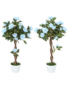 Outsunny Set of 2 Artificial Plants White Rose Floral in Pot, Fake Plants for Home Indoor Outdoor Decor, 90cm, Light Blue