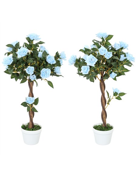 Outsunny Set of 2 Artificial Plants White Rose Floral in Pot, Fake Plants for Home Indoor Outdoor Decor, 90cm, Light Blue - pic 125796 | FastDaddyshop