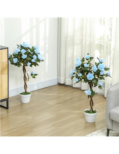 Outsunny Set of 2 Artificial Plants White Rose Floral in Pot, Fake Plants for Home Indoor Outdoor Decor, 90cm, Light Blue