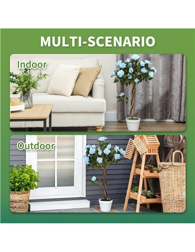 Outsunny Set of 2 Artificial Plants White Rose Floral in Pot, Fake Plants for Home Indoor Outdoor Decor, 90cm, Light Blue