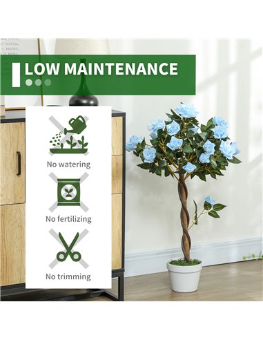 Outsunny Set of 2 Artificial Plants White Rose Floral in Pot, Fake Plants for Home Indoor Outdoor Decor, 90cm, Light Blue