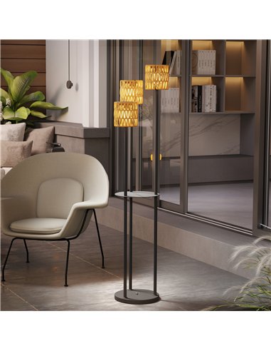 Outsunny Boho Rattan Floor Lamp, 3-Lights Rattan Lamp with Shelf, Freestanding Solar Garden Light with Auto On/Off Lights, IP44 