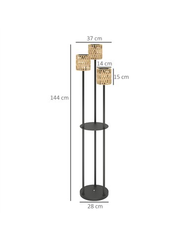Outsunny Boho Rattan Floor Lamp, 3-Lights Rattan Lamp with Shelf, Freestanding Solar Garden Light with Auto On/Off Lights, IP44 