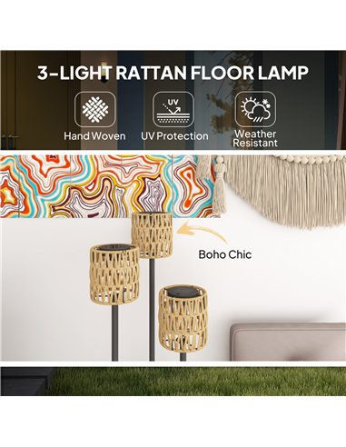 Outsunny Boho Rattan Floor Lamp, 3-Lights Rattan Lamp with Shelf, Freestanding Solar Garden Light with Auto On/Off Lights, IP44 