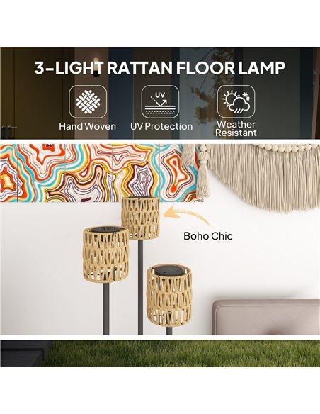 Outsunny Boho Rattan Floor Lamp, 3-Lights Rattan Lamp with Shelf, Freestanding Solar Garden Light with Auto On/Off Lights, IP44  - pic 125862 | FastDaddyshop