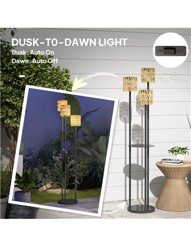 Outsunny Boho Rattan Floor Lamp, 3-Lights Rattan Lamp with Shelf, Freestanding Solar Garden Light with Auto On/Off Lights, IP44 