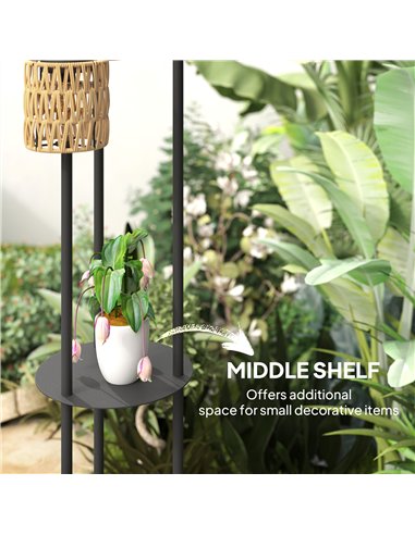 Outsunny Boho Rattan Floor Lamp, 3-Lights Rattan Lamp with Shelf, Freestanding Solar Garden Light with Auto On/Off Lights, IP44 