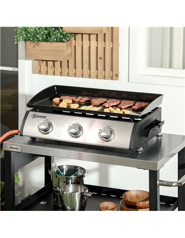 Outsunny 3 Burner Gas Plancha BBQ Grill with Lid, Black