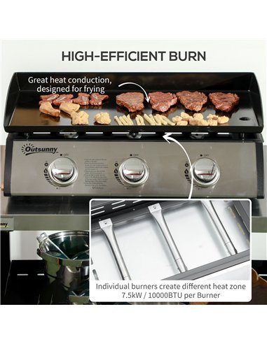 Outsunny 3 Burner Gas Plancha BBQ Grill with Lid, Black