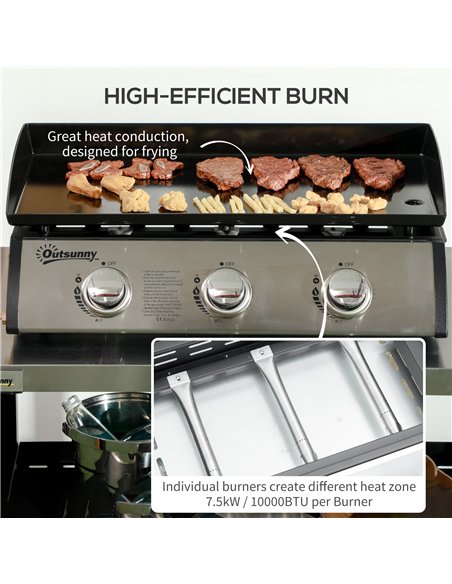 Outsunny 3 Burner Gas Plancha BBQ Grill with Lid, Black - pic 125961 | FastDaddyshop