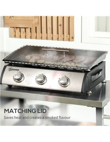 Outsunny 3 Burner Gas Plancha BBQ Grill with Lid, Black