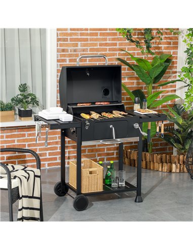 Outsunny Adjustable Charcoal Pan BBQ, with Thermometer and Warming Rack