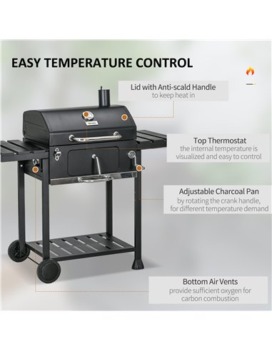 Outsunny Adjustable Charcoal Pan BBQ, with Thermometer and Warming Rack