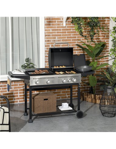 Outsunny 15kW Deluxe Duo Gas BBQ, with Grill, Plancha and Side Burner - Black