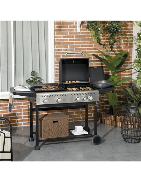 Outsunny 15kW Deluxe Duo Gas BBQ, with Grill, Plancha and Side Burner - Black - pic 125986 | FastDaddyshop