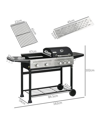 Outsunny 15kW Deluxe Duo Gas BBQ, with Grill, Plancha and Side Burner - Black