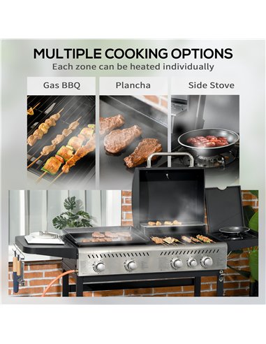 Outsunny 15kW Deluxe Duo Gas BBQ, with Grill, Plancha and Side Burner - Black