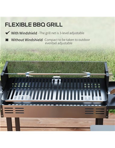 Outsunny BBQ Rotisserie Grill Roaster Charcoal Spit Roasting Machine for Chicken Turkey with 3-Level Grill Grate, Side Shelves