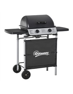 Outsunny 2 Burner Gas BBQ Trolley with Lid, 5.6 kW Gas Barbecue Grill with Wheels, Side Shelves, Grey