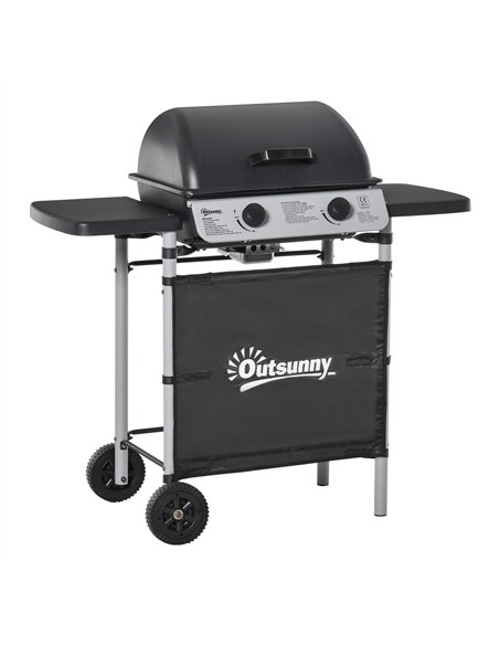 Outsunny 2 Burner Gas BBQ Trolley with Lid, 5.6 kW Gas Barbecue Grill with Wheels, Side Shelves, Grey - pic 126012 | FastDaddyshop
