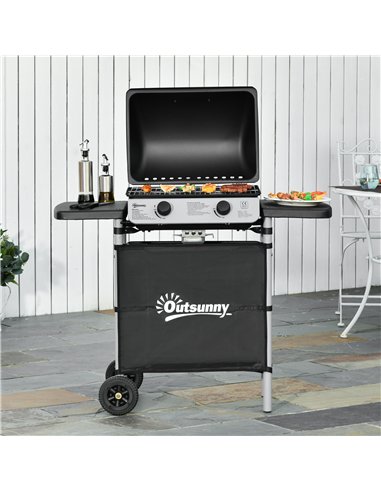 Outsunny 2 Burner Gas BBQ Trolley with Lid, 5.6 kW Gas Barbecue Grill with Wheels, Side Shelves, Grey
