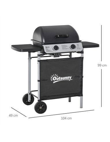 Outsunny 2 Burner Gas BBQ Trolley with Lid, 5.6 kW Gas Barbecue Grill with Wheels, Side Shelves, Grey