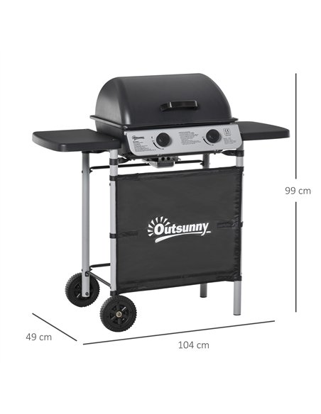 Outsunny 2 Burner Gas BBQ Trolley with Lid, 5.6 kW Gas Barbecue Grill with Wheels, Side Shelves, Grey - pic 126014 | FastDaddyshop