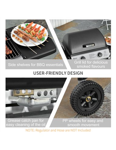Outsunny 2 Burner Gas BBQ Trolley with Lid, 5.6 kW Gas Barbecue Grill with Wheels, Side Shelves, Grey