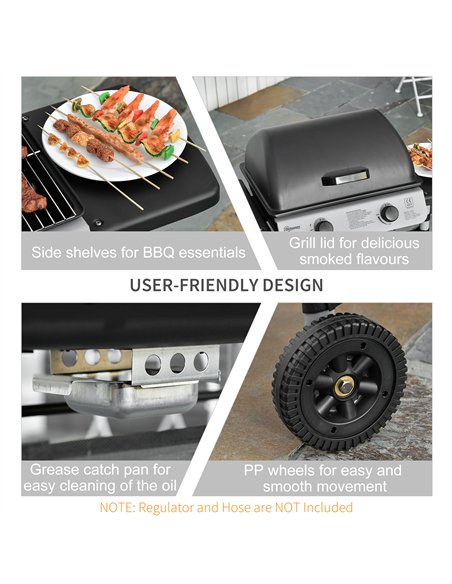 Outsunny 2 Burner Gas BBQ Trolley with Lid, 5.6 kW Gas Barbecue Grill with Wheels, Side Shelves, Grey - pic 126017 | FastDaddyshop