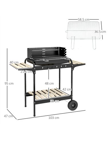 Outsunny Charcoal Barbecue Grill with Adjustable Grill Height, Portable BBQ Trolley with Ash Catcher and Wheels for Outdoor Gard