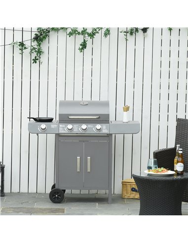 Outsunny 3+1 Burner Gas BBQ Grill, Outdoor Barbecue Trolley with Wheels, Warming Rack, Side Shelves, Cabinet, Thermometer for Ga