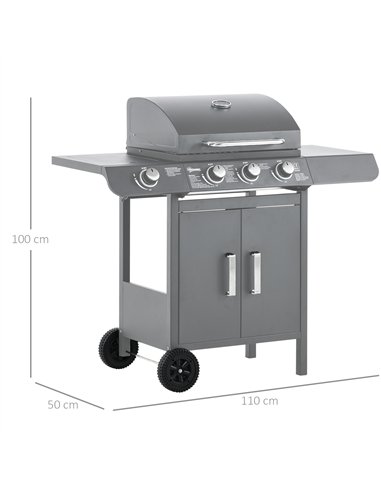 Outsunny 3+1 Burner Gas BBQ Grill, Outdoor Barbecue Trolley with Wheels, Warming Rack, Side Shelves, Cabinet, Thermometer for Ga