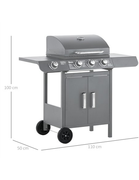 Outsunny 3+1 Burner Gas BBQ Grill, Outdoor Barbecue Trolley with Wheels, Warming Rack, Side Shelves, Cabinet, Thermometer for Ga - pic 126050 | FastDaddyshop